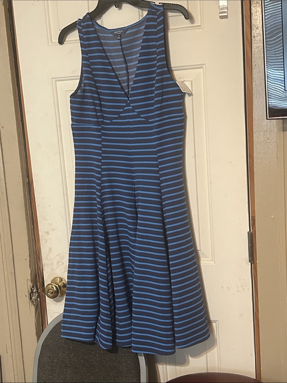Peter Som Navy and Blue Striped V-Neck Fit-and-Flare Dress